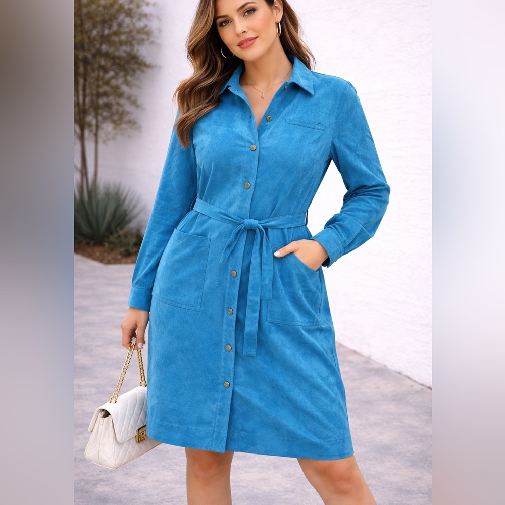 Vintage Suede Blue Long-Sleeve Button-Up Dress 12